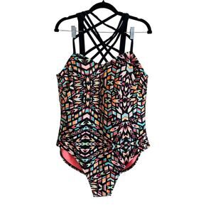 Moxi Blu Womens Multicolor Geometric Strappy Stretch One Piece Swimsuit Size 2X